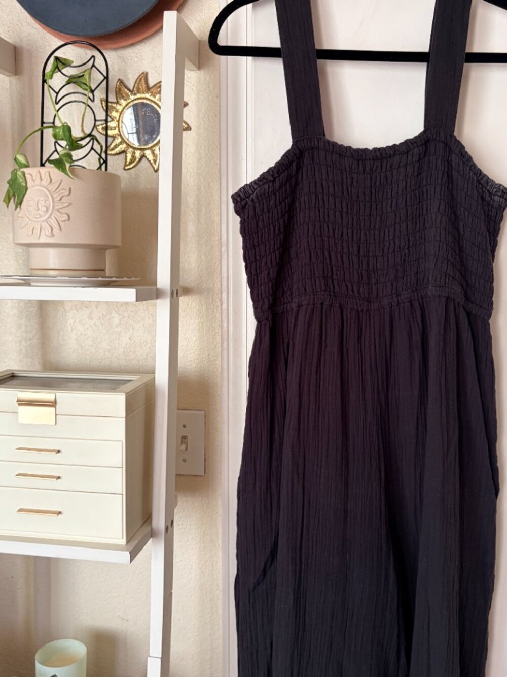 Quince Organic Cotton Gauze Smocked Jumpsuit Wide Leg Black L - Picture 3 of 7